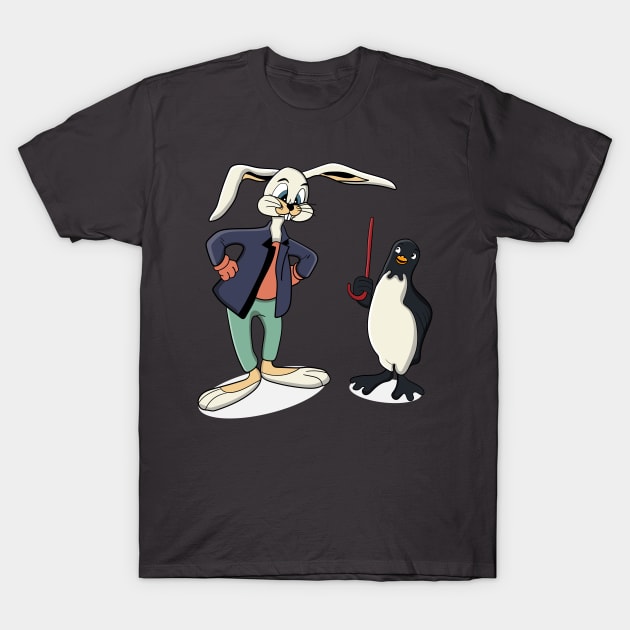 cartoon rabbit and penguin are talking T-Shirt by maricetak